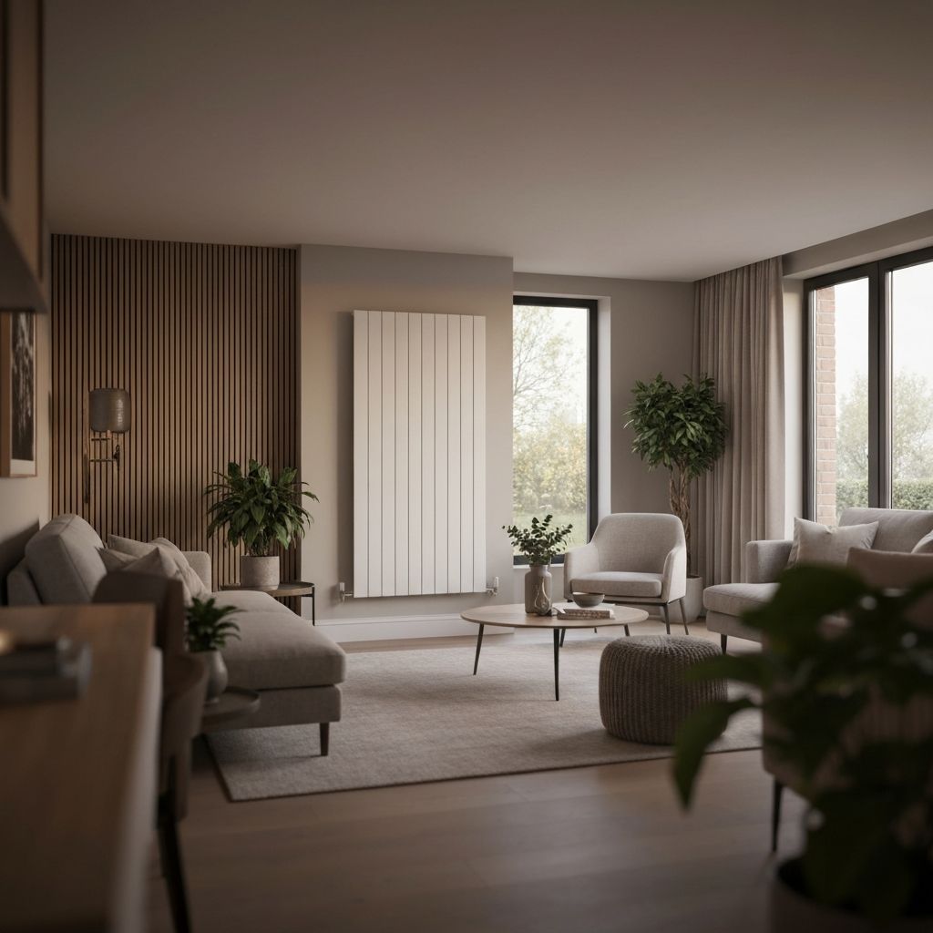 Modern home heating system with radiator in a warm living room